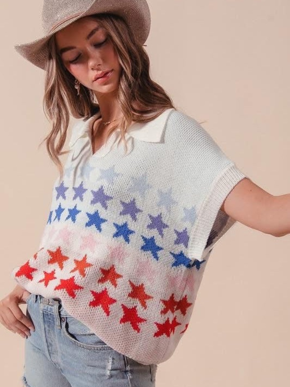 So Me Multicolor Star Knit Polo Sweater Vest